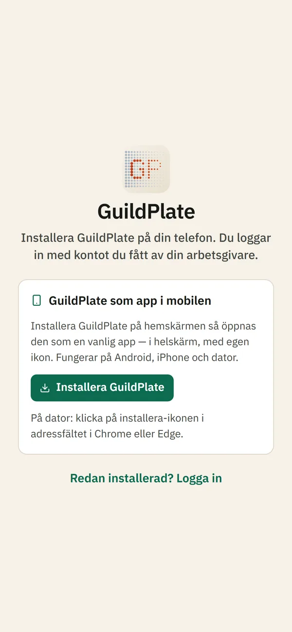 Installationssidan i GuildPlate med knappen Installera GuildPlate